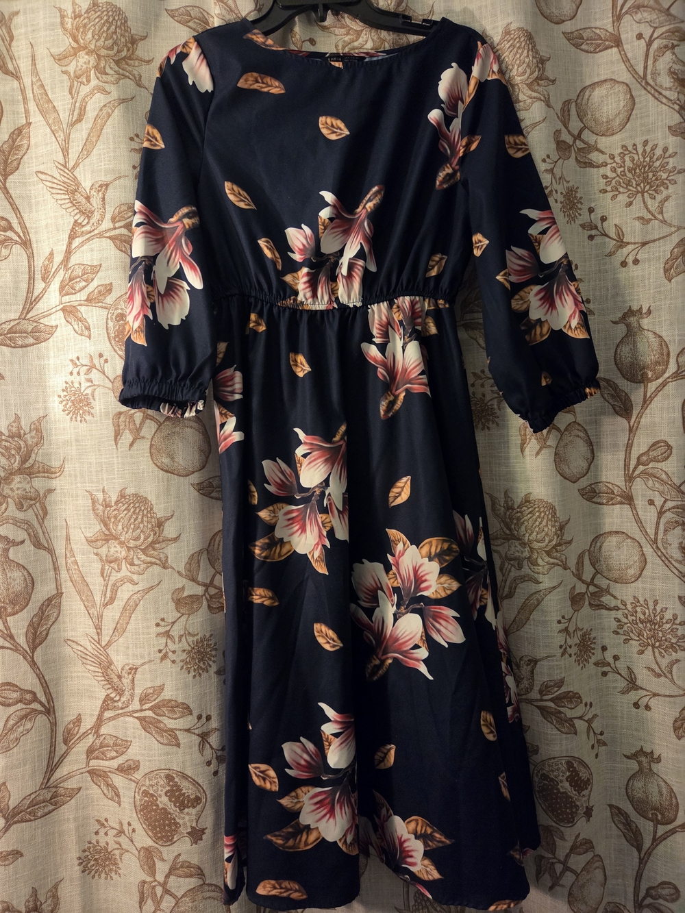 SHEIN Navy Long-Sleeve Floral Midi Dress with Pink & Cream Blooms